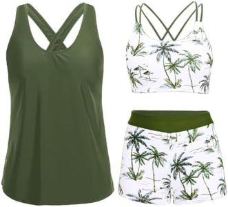 Green Palm Tree 3 Piece Tankini Swimsuit Tummy Control with Boy Shorts 22W