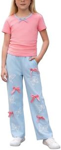 ODIZLI Girls 2 Piece Short Sleeve Top Butterfly Bow Pants 7-16Y blue 7-8Y