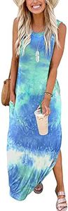 AUSELILY Vestidos Largos Verano Mujer Maxi Vestido Largos Sin Mangas Informal Vestido de Playa con Bolsillos Teñido Azul Verde Blanco M