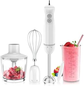 Bonsenkitchen Hand Blender, Immersion Blender with 2 Mixing Speed, 4-In-1 Handheld Stick Mixer with Egg Whisk, Beaker & Chopper Bowl for Baby Food, Soups, Smoothies, White