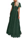 MEROKEETY Women's V Neck Short Sleeve Floral Lace Wedding Dress Bridesmaid Cocktail Party Maxi Dress, Dark Green, X-Large