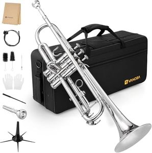 Vangoa Bb Standard Trumpet Brass Student Silver Trumpet Instrument for Beginners Adults School Band Orchestra with Hard Case, Cleaning Kit, Stand, 7C Mouthpiece, Gloves, Valve Oil