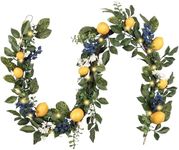 Valery Madelyn Summer Lemon Garland for Mantle with Lights, 6FT Spring Fake Fruit Eucalyptus Garland for Stairs, Artificial Thick Faux Greenery Vine for Farmhouse Home Kitchen Table Centerpiece