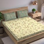 Trance Home Linen 180TC 100% Cotton 72"x48" Twin Bed Size Elastic Fitted Bedsheet | Printed Twin Size Bed Elasticated Fitted Bedspread with 2 Pillow Covers (72x48 inch, Lilly Ivory Green)