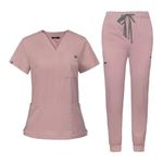 niaahinn Scrub for Women Scrubs Top with Classic V-Neck & Yoga Jogger Pants Medical Nursing Uniform Scrub Set (Pink, S)