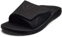 OluKai Kulia Men's Beach Sandals, Full-Grain Italian Leather Flip-Flop Slides, Compression Molded Footbed & Comfort Fit, Enhanced Grip Soles, Black/Black, 12