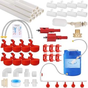 Pipeline Automatic Chicken Waterer System, Automatic Chicken Watering Complete PVC Pipelines Set with 8 Deep Drinking Cups, T Connectors, Float Valve, Auto Pipe Feeder Poultry Watering Kit