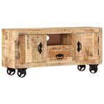 vidaXL TV Cabinet Solid Rough Mango Wood Vintage-Style with Ample Storage Space, Easy Movement Iron Wheels, Versatile Use such as Sideboard, Lowboard