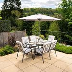 Hectare 6 Seater Garden Furniture Table & Chairs set with Parasol Hadleigh Outdoor Patio Dining Furniture Set (6 Seater, Stripe Grey)