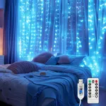 MAGGIFT 200 Led Hanging Indoor Curtain String Lights Outdoor Waterproof, 6.5 x 9.8 ft USB Fairy Curtain Lights.8 Modes with Remote Control Blue