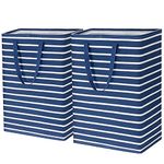 Goodpick Baby Laundry Basket 75L Set of 2, Tall Foldable Laundry Hamper for Organizing Toys Dirty Clothes, Large Laundry Basket Organizer for Dorm and Family Storage, Blue Stripe