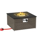 Outsunny Rattan Fire Pit Table for Garden, 13 KW Smokeless Propane Fire Pit with Lid, Square Garden Coffee Table with Patio Heater for Outdoor, Patio, 58 x 58 x 33 cm, Grey