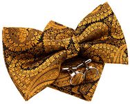 Retreez Paisley Art Pattern Woven Microfiber Pre-tied Bow Tie (Width: 5") with matching Pocket Square and Cufflinks, Gift Box Set as a Christmas Gift, Birthday Gift - Gold on Black