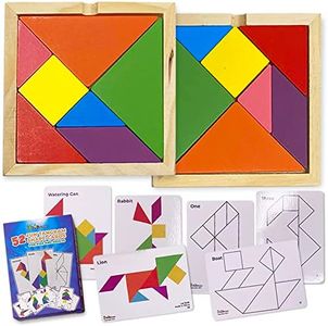 3 Bees & Me 2 Wooden Tangram Shapes Puzzle Toys with 52 Pattern Cards for Kids and Adults - Montessori Wood Toy, STEM Shape Puzzles Manipulatives Games, Educational Tangrams, Brain Logic Blocks