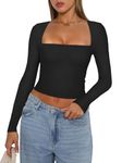 YILEEGOO Women Y2K Long Sleeve Tops Sexy Low Cut Square Neck Basic Tops Blouse Casual Slim Fit Solid Color Crop Top Tight T-Shirt (Black, S)