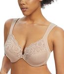 Exclare Women's Full Figure Plus Size Front Closure Lace Racerback Underwire Wide Shoulder Straps Everyday Bra (Beige, 36G)