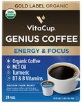 VitaCup Organic Genius Keto Coffee Pods, Increase Energy & Focus w/MCT Oil, Turmeric, B Vitamins, Medium Dark Roast, Bold, Smooth, Single Serve Pod Compatible w/Keurig K-Cup Brewers,24 Ct