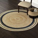 Avgari Creation RUG Jute Natural Hand Braided Rug Round Shape Handmade Natural Fiber Area Carpet Decorative Look Carpet (150 x 150 Cm (5x5 Feet), Beige + Black Line) (NAT-001)