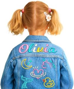 Personalized Embroidered Denim Jacket with Name Patches, Back to School, 1-8T Year Birthday Gifts for Toddler Girl Clothes (girls)