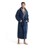 Akakios Men's Soft Plush Fleece Robe with Hood - Full Length Luxury Bathrobe with Pockets, Big and Tall Bath Robe for Men, Navy Blue, Large