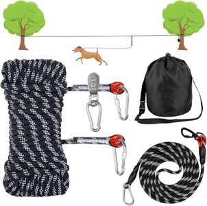 Dog Tie Out Cable for Camping, 50ft/15M Portable Overhead Trolley System with 10ft/3M Runner Lead for Dogs up to 200lbs，Portable Reflective Dog Lead Line for Yard, Park and Outdoor (Black)