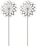 Ancient Graffiti Kinetic Pinwheel Spinners, Brown, Set of 2 Outdoor Metal Wind Spinners with Dual 22" Toppers, Verdigris Accents, Twisted Steel Shafts & Trident Base, Garden Yard Art Wind Sculptures
