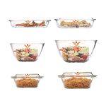 Femora Borosilicate Glass Kitchen Microwate Set (2 Mixing Bowl, 2 Casserole, 1 Square Dish, 1 Rectangular Dish), Large Size, Transaparent