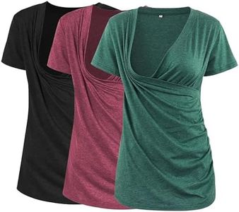 Liu & Qu Women's Maternity Nursing Tops, Layered Wrap for Breastfeeding, V-Neck Short Sleeve Tee Shirts 3 Packs
