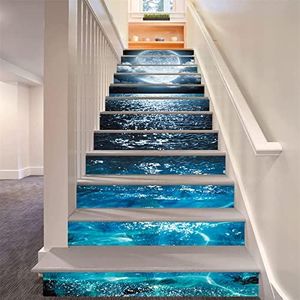 FLFK 3D Clair de lune brillant sur la mer Autocollants d'escalier auto-adhésifs Escalier Autocollants de contremarche Décor Escalier Autocollants 39.3"x 7"x 13 Pcs