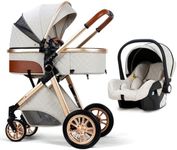 3 in 1 Baby Travel System Infant Baby Stroller Pushchair High Landscape Reversible Foldable Portable Stroller Newborn Pram Reclining Baby Carriage (Beige)