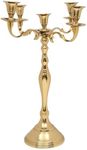 Metal Candelabra Five Arm Decorative Candlestick Holder for Weddings, Events, Dining Table Centerpiece Decoration, Halloween, Thanksgiving, Christmas, New Year & Everyday Use - 16 Inch Tall - Gold