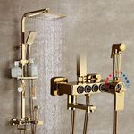 InArt Gold Thermostatic Rainfall & Waterfall Shower Panel Set: Wall Mounted, Brass Construction, Digital Display, 4-Function Hand Shower, Elegant Design