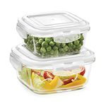 Borosil Klip-N-Store Set of 2 Microwave & Oven Safe Gift Set, Glass Storage Container, 320ml & 520ml Square, with Air Tight Lid (Transparent)