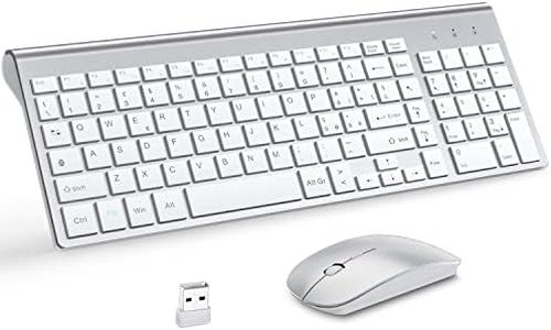 Combo Tastiera e Mouse Wireless Ultrasottili con Tampone Mouse, MOOJAY 2.4G USB Tastiera Mouse Silenziosa Compatta di Switch Forbice con Coperchio, Batterie AA&AAA,per PC/Laptop/Windows-Bianco Argento