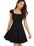 GORGLITTER Women's Scoop Neck Basic Flared A Line Mini Dress Summer Cap Sleeve Swing Short Dresses Black S