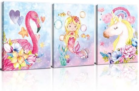 KAIRNE Set of 3 Unicorn Canvas Art Prints Framed, Rainbow Wall Art(11.8 X15.6inch),Mermaid Poster for Girls Bedroom,Flamingo Stars Pink Flowers Wall Decoration for Nursery Kids Room Ready To Hang