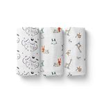 MOM'S HOME Baby Swaddle Blanket - Large Size- Organic Muslin Cotton - 100x100 cm - Pack of 3 - Cat and Jungle Safari, Rabbit