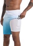difficort Mens Swimming Trunks with Compression Liner Quick Dry Board Shorts Swimsuit with Zipper Pockets,Sky-Blue Gradient,Small