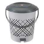 RATAN PLASTICWARE BON BON Checks Print 18 Litres Plastic Dustbin with Pedal Bin, Trash Bin, Garbage Waste Bin For Home, Bathroom, Kitchen, Office, Bedroom Grey Color