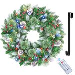 SHareconn 24 Inch Prelit Artificial Christmas Wreath with 15" Hanger, Color Changing Lights and Timer by Remote Control and Batteries Operated for Front Door Wall Windows Xmas Decoration,Snow