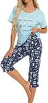 CHUNG Women Cotton Pajamas Set Short Sleeve Top Capri Pants Sleepwear Plus Size, M, Navy Cat