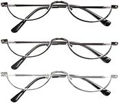 REAVEE 3-Pack Retro Designer Alloy Half Moon Reading Glasses Women Men Half Frame Spring Hinge Stylish Slim Reader with Pouch,Black,Grey and Silver,1.25