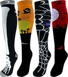 4 Pair Small/Medium Extra Soft Premium Quality Colorful Moderate Graduated Compression Socks 15-20 mmHg. Nurses, Running, Travel, Knee-High, Mens & Womens Comfort Blend. Halloween Dress Up Designs