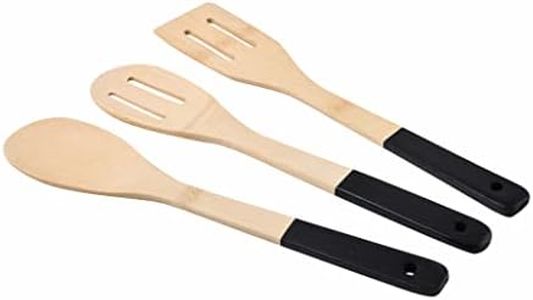 BERGNER Earth Black | Set de 3 ustensiles de cuisine avec 2 cuillières et 1 spatule | fabriquées en bambou | manche noir | ustensiles en bois | cuillière et spatule à rainures