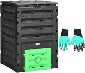 Outsunny Compost Bin, 120 Gallon (450L) Garden Composter with Gloves, 80 Vents and 2 Sliding Doors, Lightweight & Sturdy, Fast Creation of Fertile Soil, Black