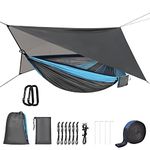 OTraki Camping Hammock with Mosquito Net and Rainfly Tarp 200kg Load Capacity 290 x 140 cm Nylon Double Hammock Lightweight for Travel Outdoor Hiking Backpacking Picnic Garden (Blue Grey)