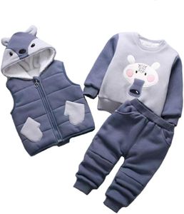 Bold N Elegant Kid's Luxury Cute Cartoon Winter Warm Sweatshirt Hoodie Jacket and Jogger Pant 3 Pc Layering Party Clothing Set for Infant Toddler Kids (1-2 Years, Blue - Grey)