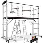 tectake® Aluminium Multi-Purpose Ladder, Adjustable 4-in-1 Work Platform, Scaffolding, Lean-To & Step Ladder, 150 kg Capacity, Durable Folding Frame, Scaffold Safety Bar, Rubber Feet with Wheels