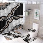 4 Pieces Shower Curtain Set Soft & No Slip Bathroom Rug, U Shaped Contour Mat, Toilet Lid Cover for Bathroom " (black marble pattern)