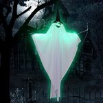 Halloween Hanging Light up Ghost with Spooky Green LED Light,47” White Flying Ghosts Wearing A Hat,Perfect Decor for Indoor Outdoor Porch Garden Patio Lawn Haunted Holiday Party